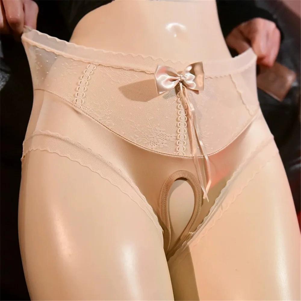 Women'S Lace Patchwork Panties Sexy Open Crotch Sheer See Through Briefs Bowknot Fashion Woman Lingeries Female Underwear