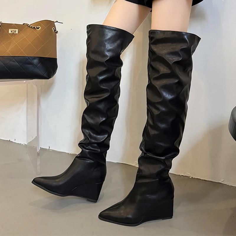 Wedges Women's High Boots High Heels Fad Pointed Toe Shoes  Luxury Pumps Long Boots New Elegant Dress Chelsea Mujer Botas