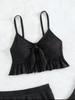 European and American Women's Fashion Solid Bikini Set 3 Pieces Swimwear Set Padded Ruffled Knot Top Briefs Ruffled Skirt Swimsuit Modest Bathing Suit