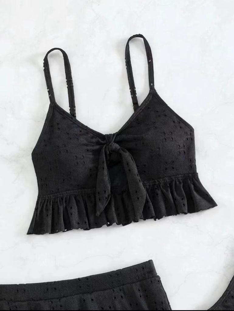 European and American Women's Fashion Solid Bikini Set 3 Pieces Swimwear Set Padded Ruffled Knot Top Briefs Ruffled Skirt Swimsuit Modest Bathing Suit