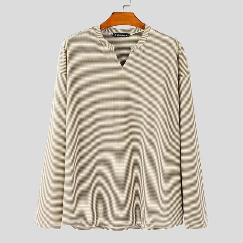 INCERUN Men Stand Neck Long Sleeve Texture Striped Casual Pullover Tops
