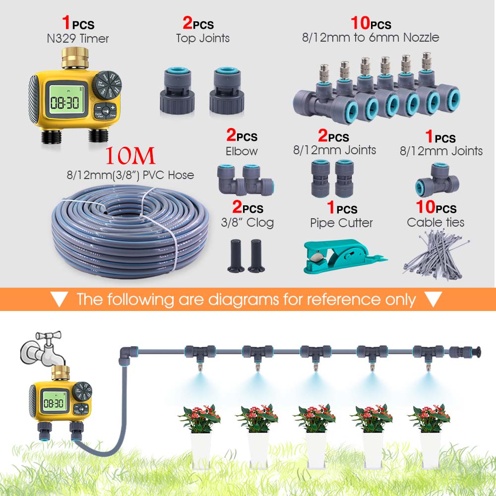 

8/12mm Hose Garden Rotary Programming Timer Adjustable Atomization Nozzle Irrigation Kit Quick Connection Spray Cooling System
