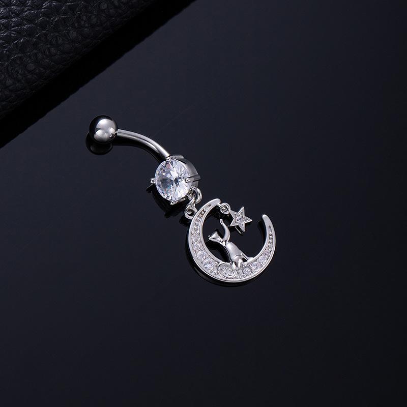 Colored Zircon Spiral Navel Nail Wind Star Moon Navel Ring Pierced Tassel Navel Buckle