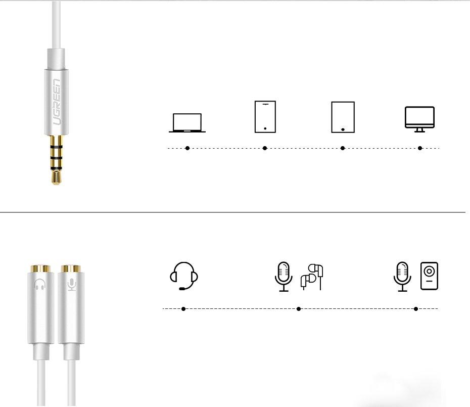 Headphone Splitter Adapter Mini Jack 3.5mm Aux Microphone Silver
