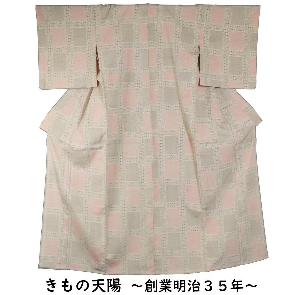 Single garment kimono, pongee, Tortoise shell pattern on colored paper, ecru colored S size, clothing, pongee [Used single garment, pongee, recycled