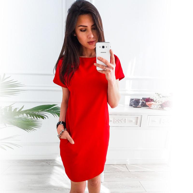 

Women’s Solid Color Casual Pocket Dress - Bestselling Style M красный