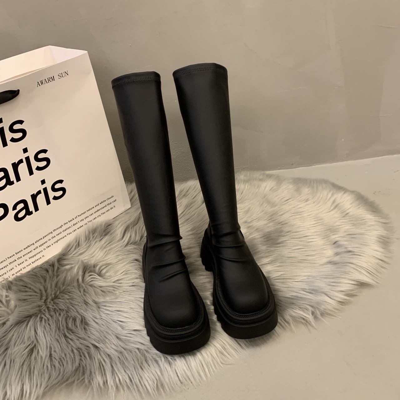 

Spice Girl Boots Women s Leather Muffin Thick Bottom Elastic Skinny Boots Small Man Grows Tall Skinny Knight Boots Women s Tide 35