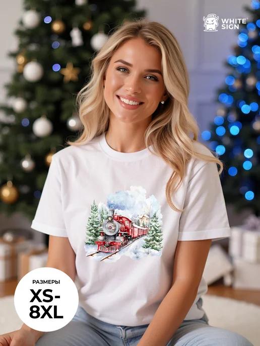 Oversized cotton T-shirt with Christmas Train print L