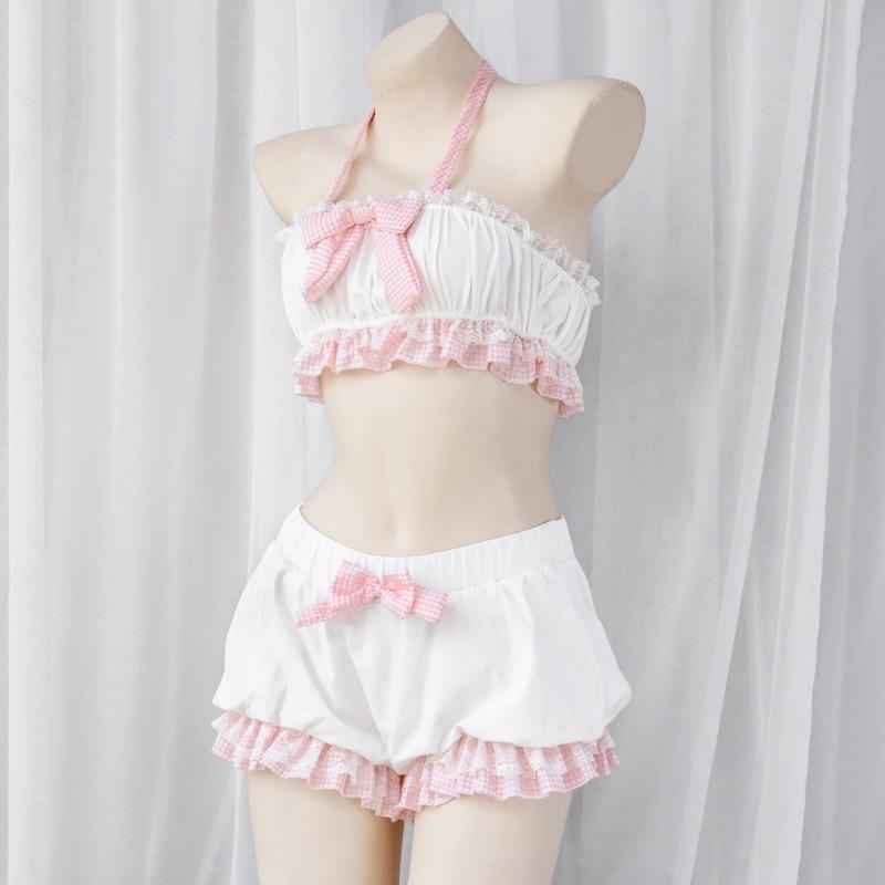 Lolita Cute Girl Ruffles Women Kawaii Maid Outfit Sweet Sexy Sleepwear Servant Cosplay Costumes Bow Lace Tops And Bloomers Set