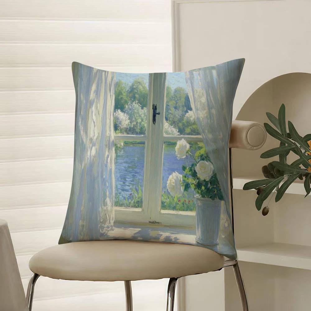 Hand-painted Iandscape Oil Painting Pillow Case Comfort Sofa Bed Silky Elegant Invisible Zipper Decorative Cushion Cover