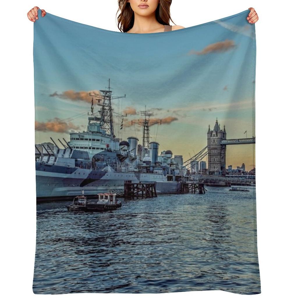 #321 HMS Belfast and Tower bridge in London Throw Blanket Hair for winter Polar Single Blankets