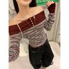 Temperament Contrast Striped Long-sleeved T-shirt for Women Spring New Slim Design One-shoulder Top