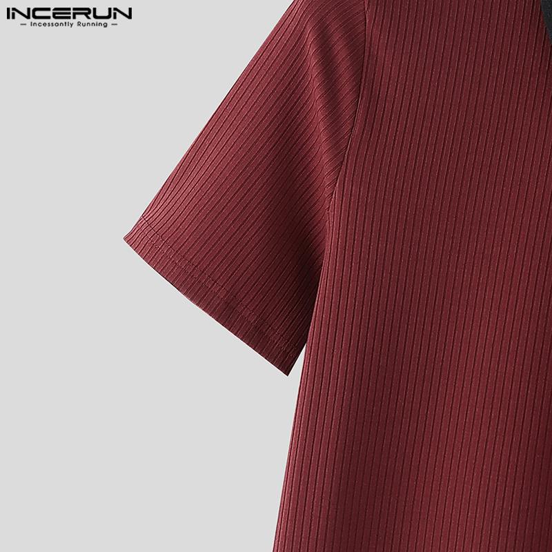 INCERUN Men Lapel Neck Stitching Short Sleeve Zipper Splits Fitted Casual Tops T-shirts
