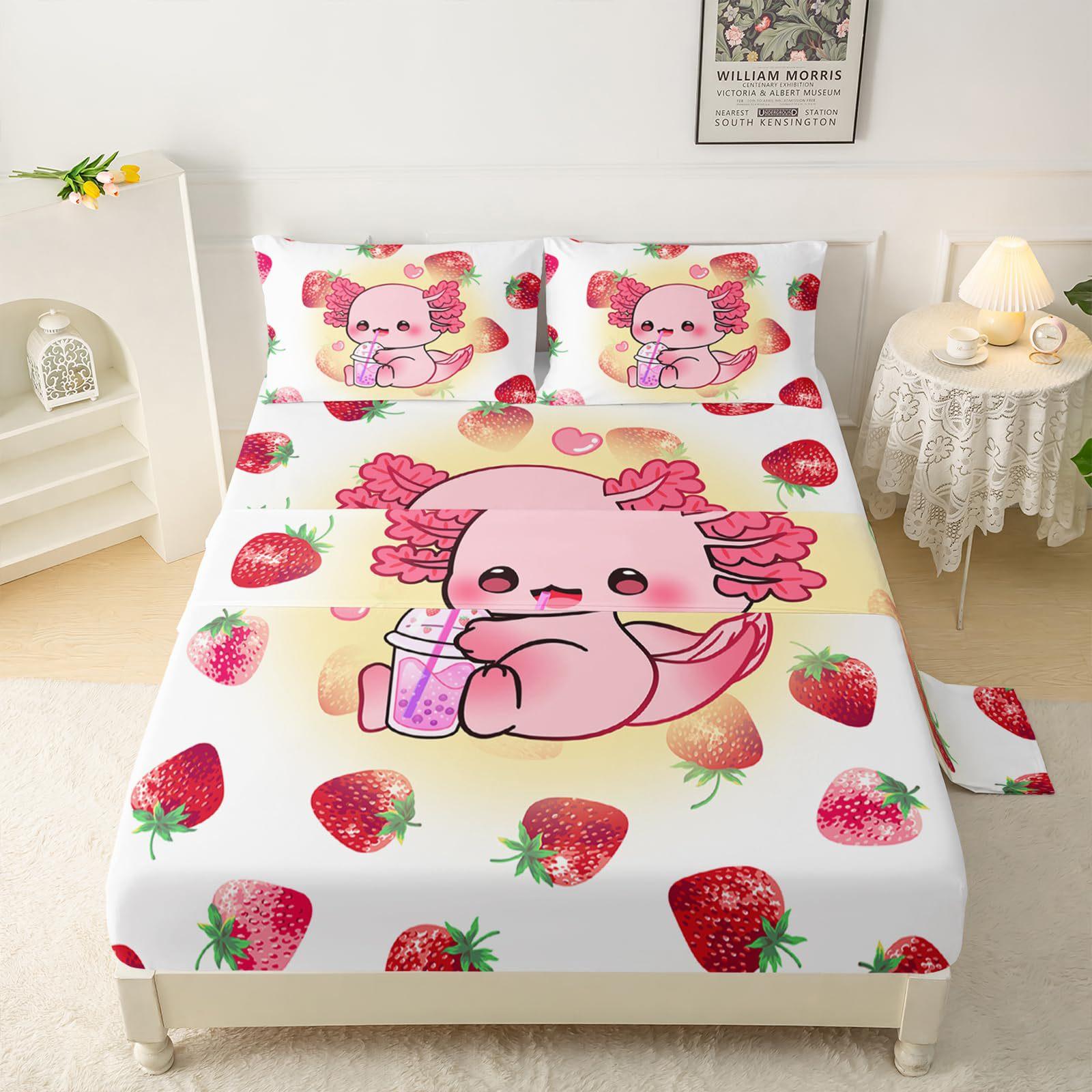 Cute Cartoon Salamander Pattern Bed Hat Four-Piece Bedding Set Bedroom Dormitory Bedding Decoration 80*200*30cm