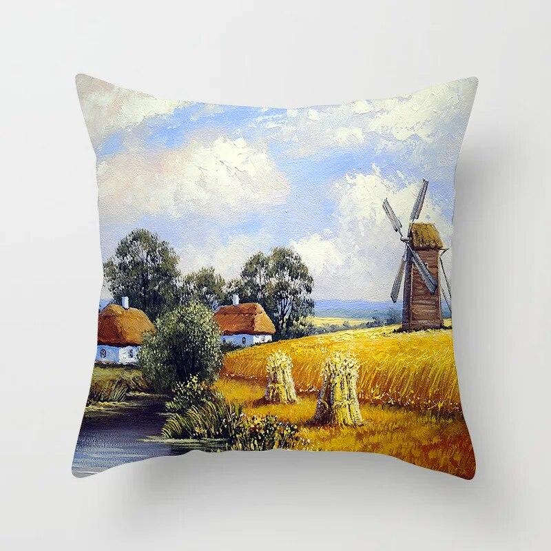 Bedroom Living Room Car Office Pillowcase Country Oil Painting Scenery Pillow Sofa Cushion