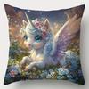 Magical Winged Unicorn Pillow Covers Cute Cartoon Floral Unicorn Art Throw Pillow Cases, Kids' Fantasy Home Decor Cushion Covers