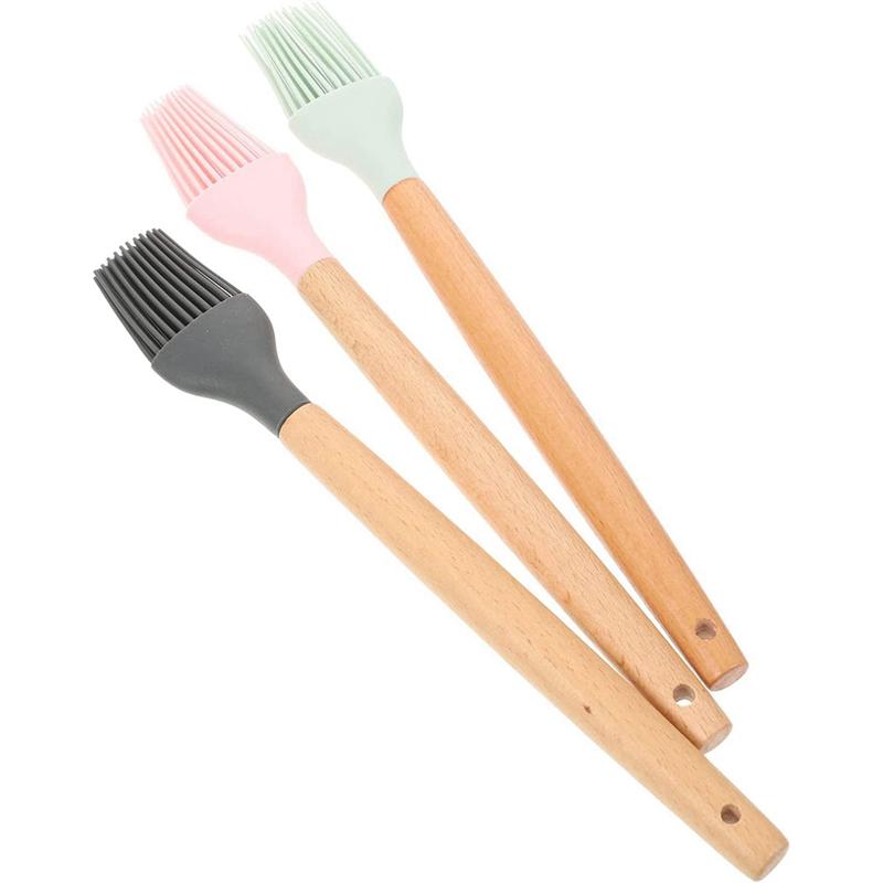 HHO-3Pcs Silicone Basting Brush Wooden Handle Silicone Brush Heat Resistant Greased Sauce Marinade Brush