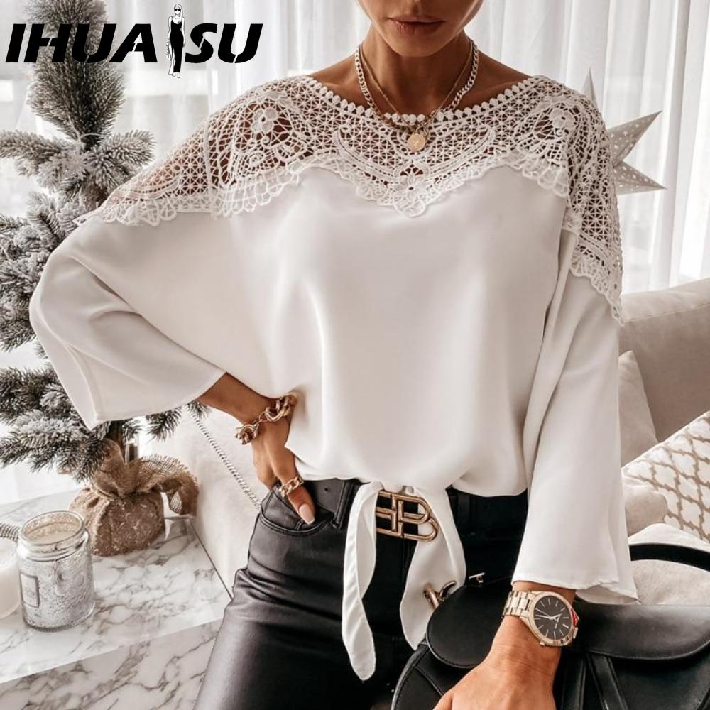 

IHUASU Женские модные повседневные однотонные блузки и рубашки с круглым вырезом и длинным рукавом с принтом XXL белый