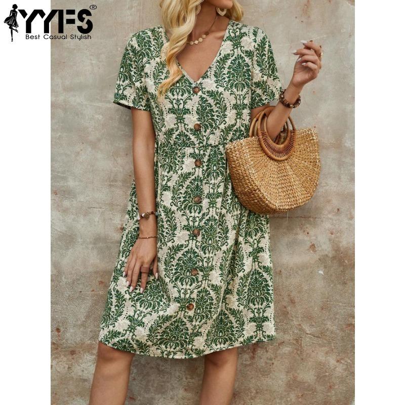 

YYFS Жіноча мода Літо Весна Повсякденні сукні з V-подібним вирізом із коротким рукавом і вільною талією S коричневий