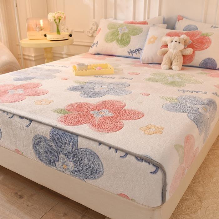 1 Pc Warm Coral Velvet Fitted Sheet Elastic Mattress Cover Fluffy Coral Fleece Bed Sheet Winter Warm and Cosy Plush Fitted Sheet