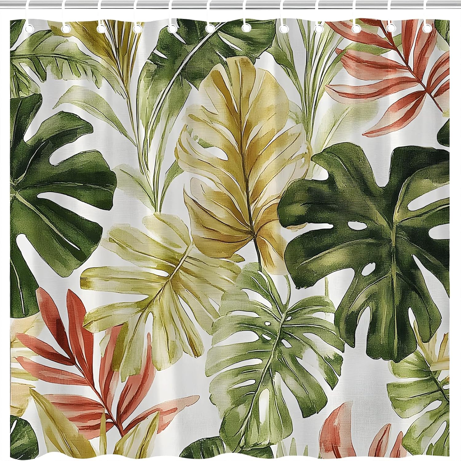 Tropical Leaves Shower Curtain, Green Brown Palm Monstera Design, Jungle Botanical Hawaii Fabric with Hooks W120xH180cm
