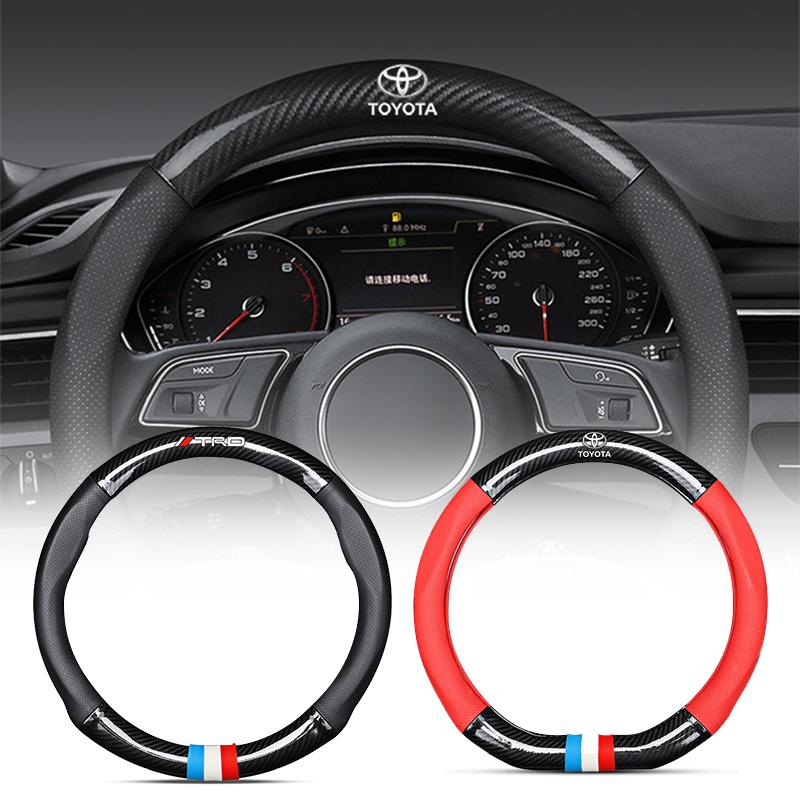 Leather Carbon Fiber Car Steering Wheel Cover Emblem Car Accessories For Toyota TRD Corolla Auris Yaris Rav4 CHR Camry40 prius