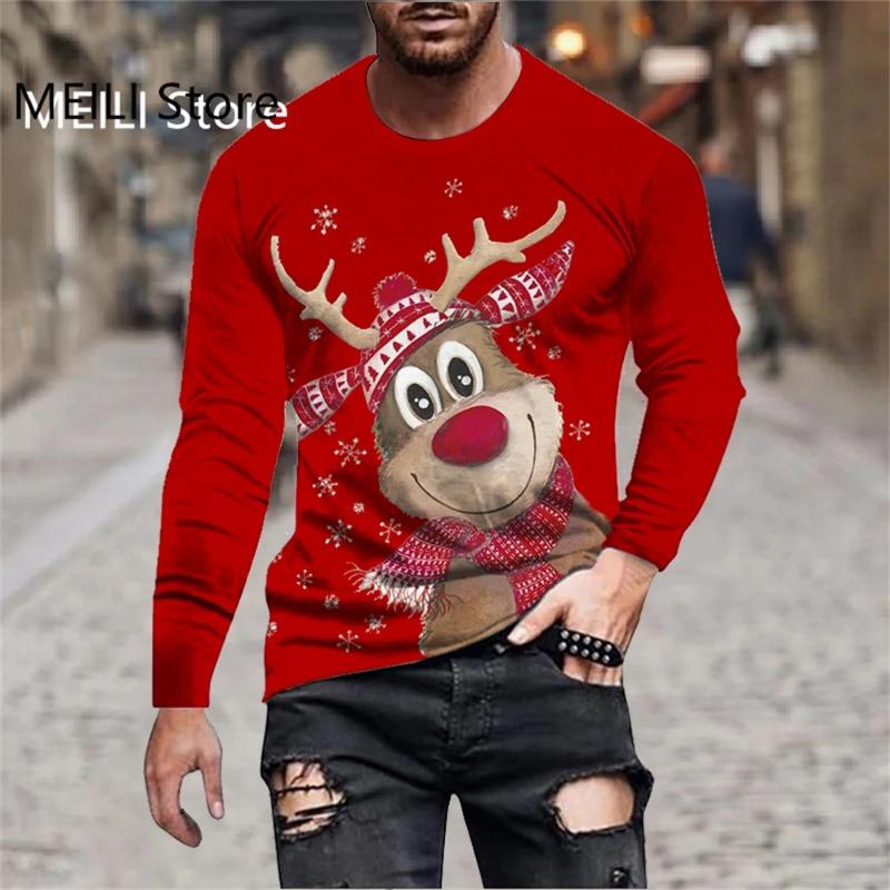 Men's T-Shirts Christmas Funny Reindeer Print Tees Casual Streetwear Long Sleeve T Shirt Pullover Harajuku Top Men Clothing