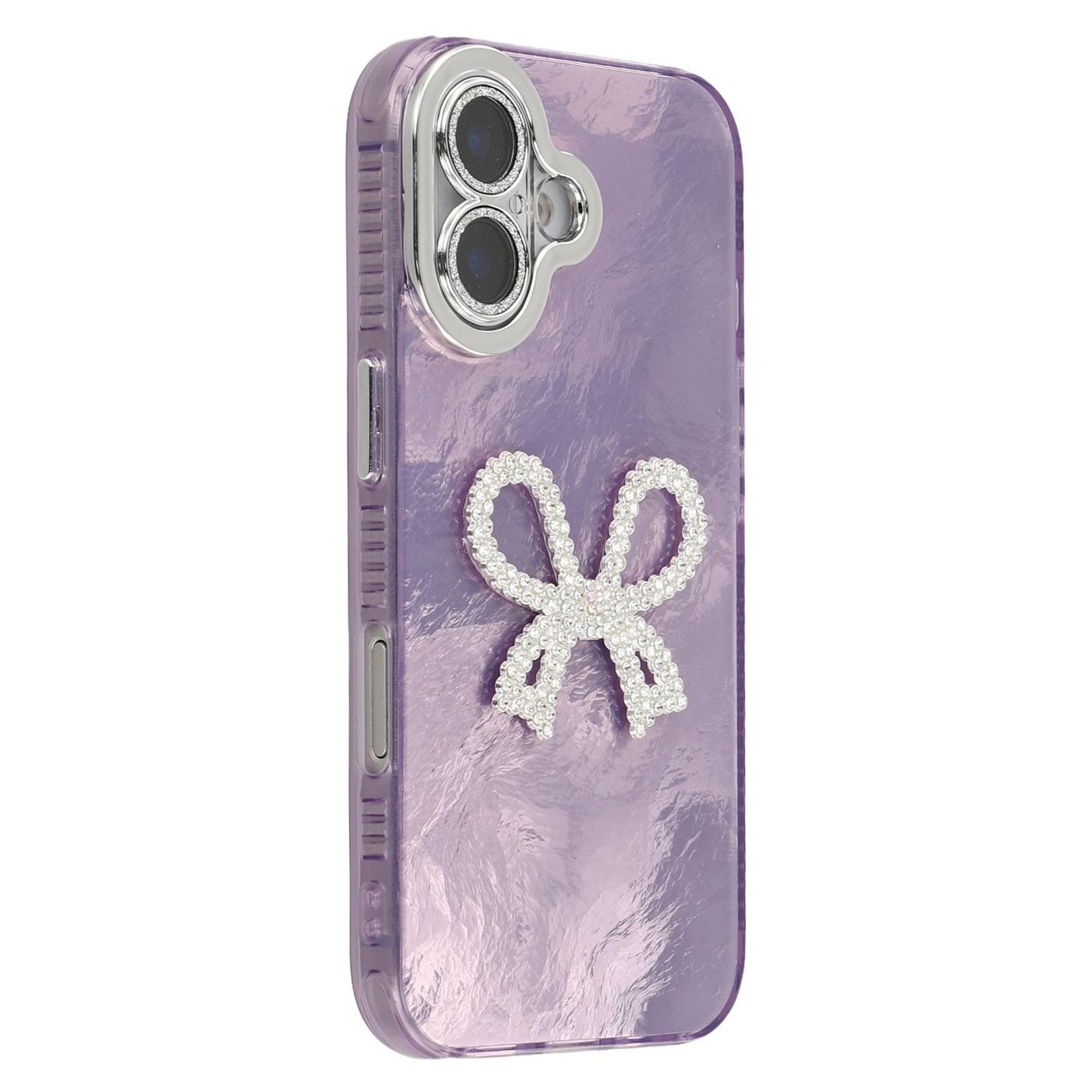 

For iPhone 16 Case Big Bow Decor IMD PC+TPU Phone Cover with Glass Lens Film Foil Pattern/Purple