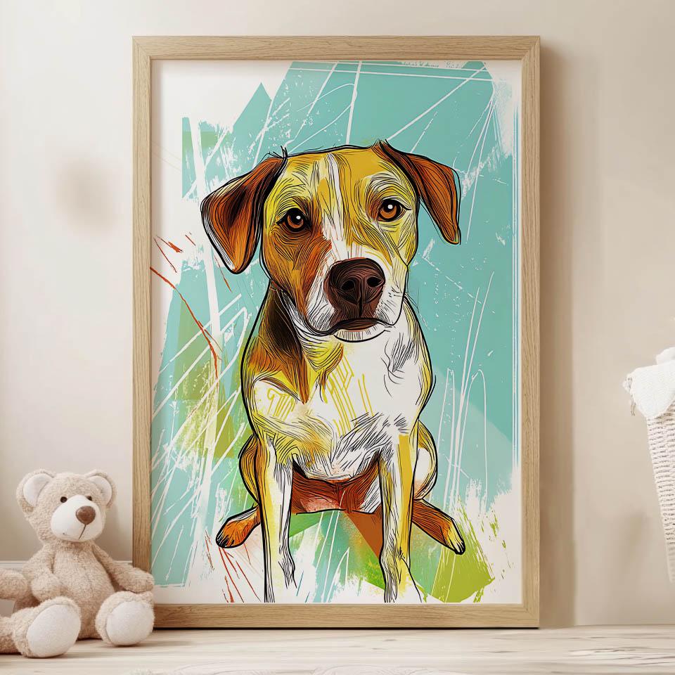 Plakat Radosny Piesek Na Tle Zieleni Plakat Radosny Piesek Na Tle Zieleni, 50X70 Cm, Rama Aluminiowa Czarna, Papier Matowy 230 Gsm