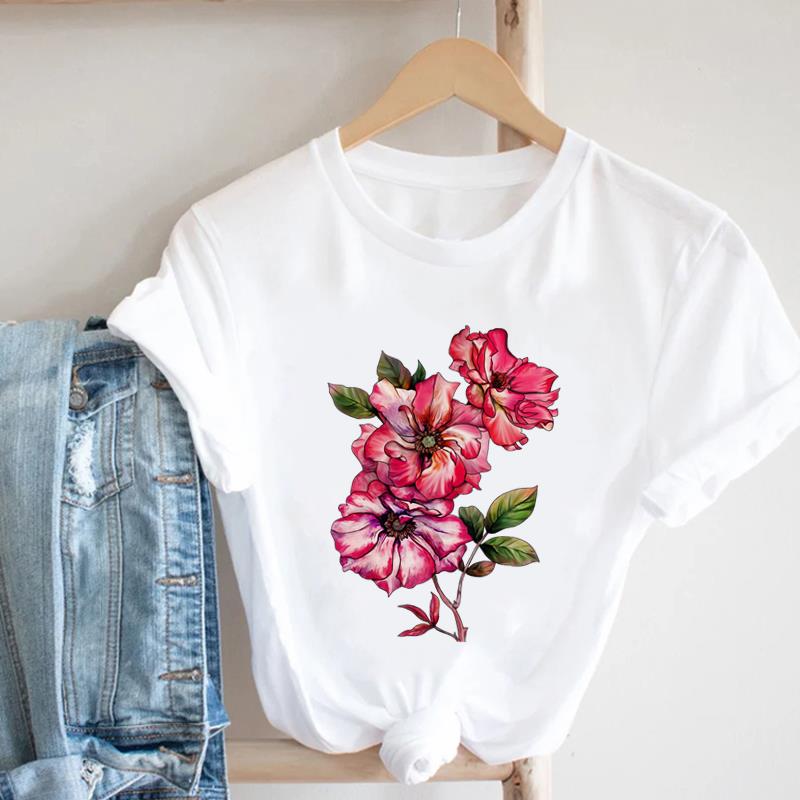 (European Size)  90s Print Tee Women Peace Flower Trend Cute Top Clothing Fashion T-shirt Lady Female Casual Short Sleeve Graphic T-shirt