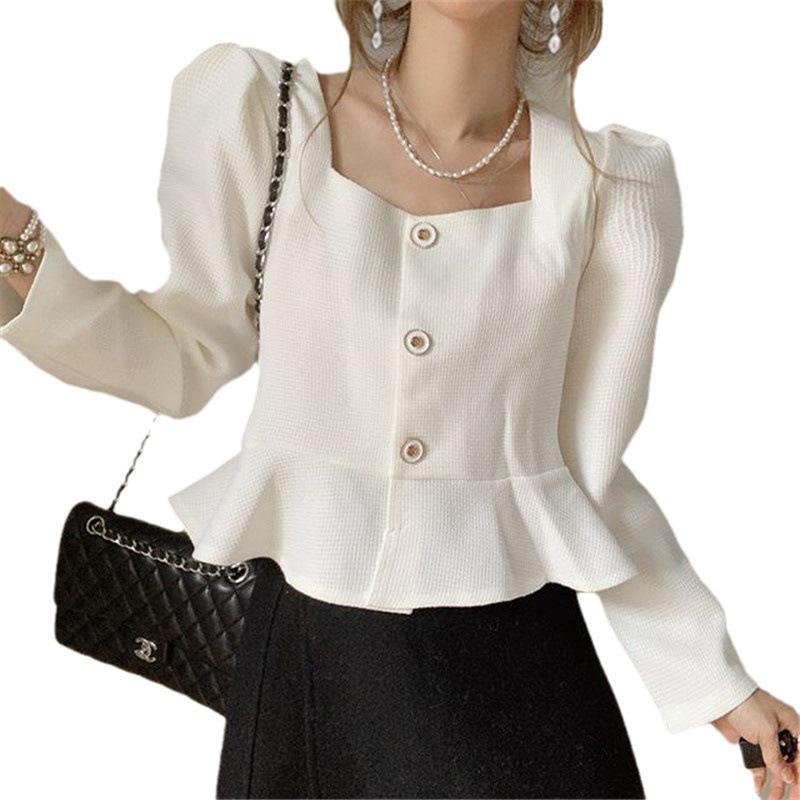 Korean Retro Ruffled Square Collar Shirt - Women's Spring/Autumn 2025 Fashion