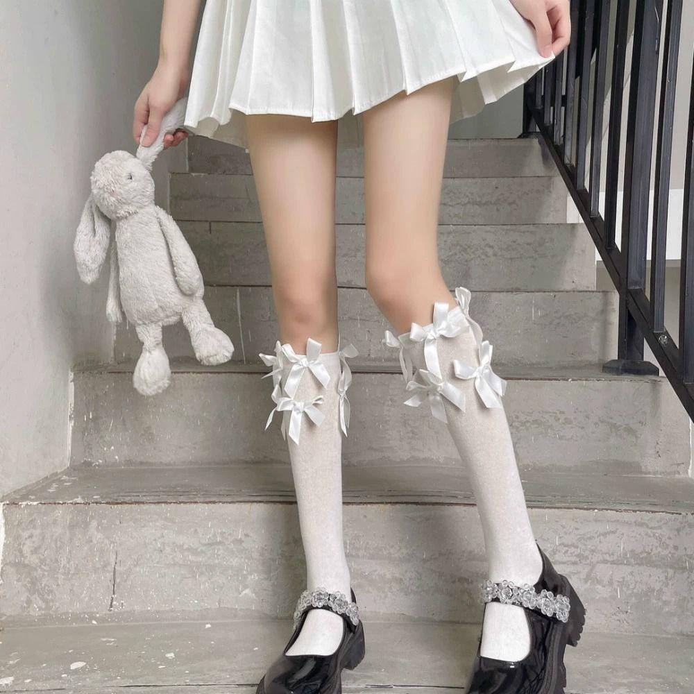 White Jk Bow Calf Socks Niche Women Polyester Cotton Medium Long Tube Spring And Autumn Knee Half Leg Socks High Tube