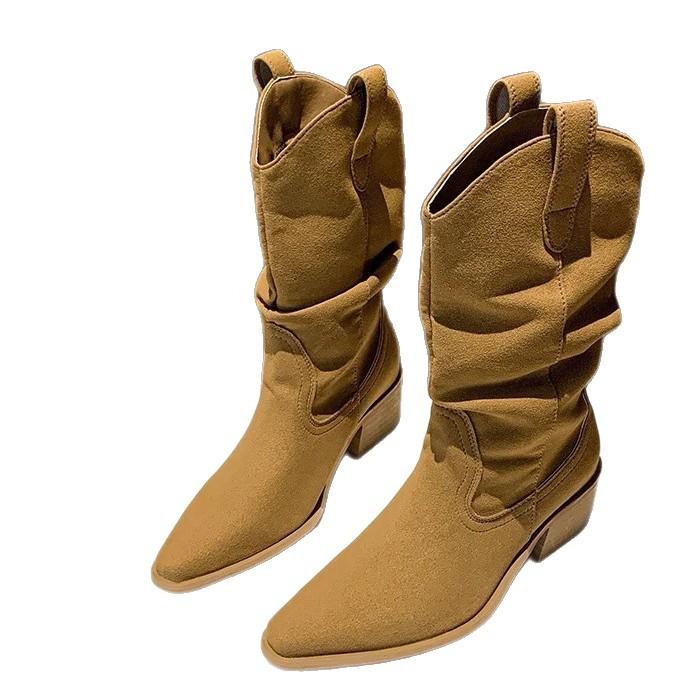 Cowhide version~ Zhao Silu retro medium tube knight boots matte pointed thick heel versatile V boots thin pile boots women