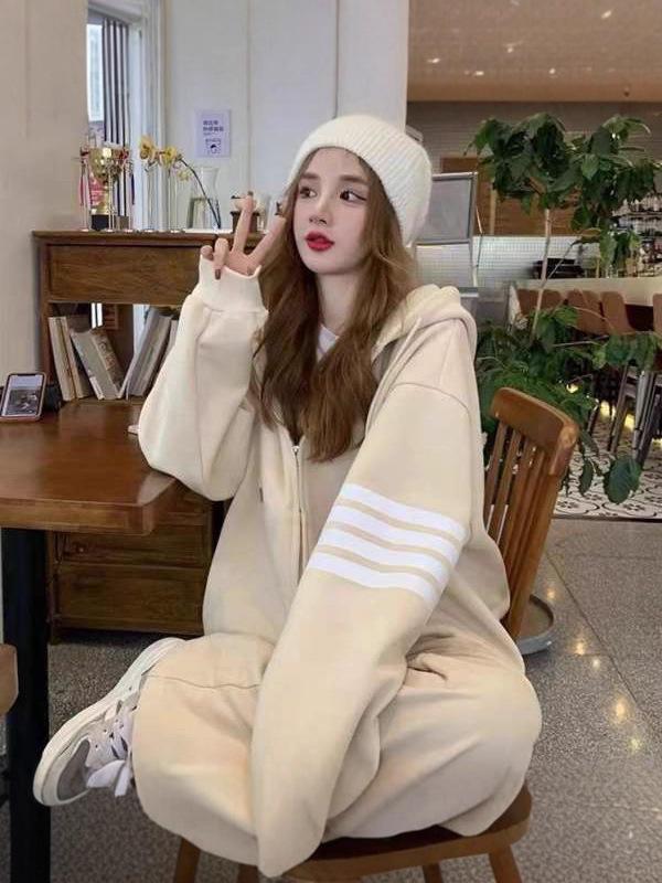 Korean Style Women's Tracksuit Set - Loose Zipper Hoodie Casual Fashion for Autumn/Spring
