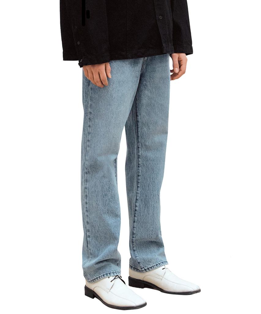 LAB101 Basic Stone Damage Wash Straight Denim Pants (Mid Blue)