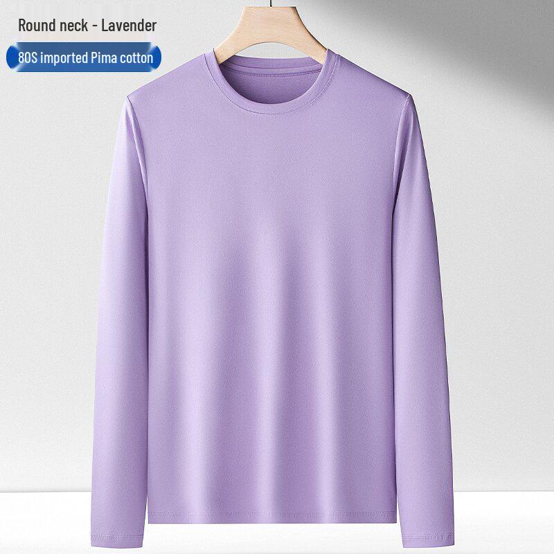 Men's 175g Pima Cotton Long-Sleeved Crew Neck T-Shirt, Solid Color, 80 Count, Versatile Casual Base Layer
