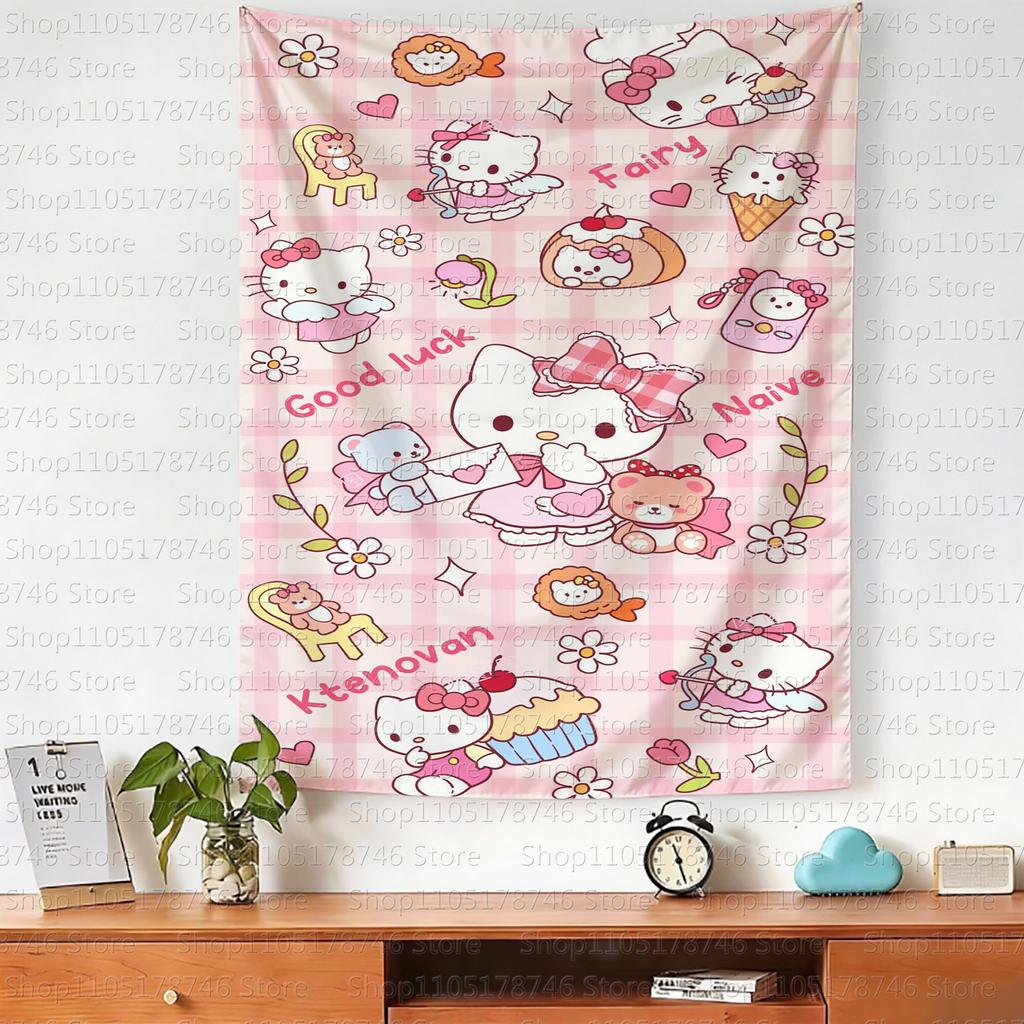 Kawaii Anime Hello Kitty Wall Hanging Tapestry Cute Fashion Bedroom Background Home Decor Original Design Wall Tapestries