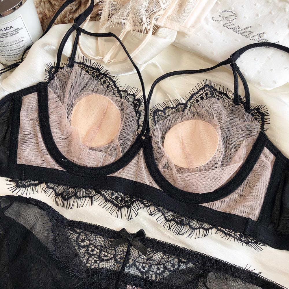 Sexy Hollow Bra Briefs Set French Thin Cup Lace Embroidery Women Underwear Wire Free Bralette Padding Comfort Plus Size Lingerie