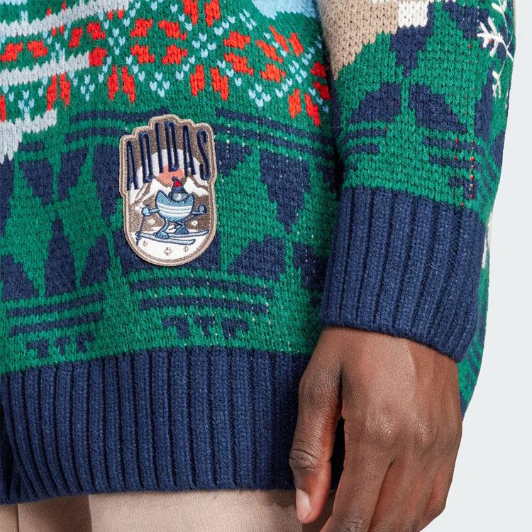 Adidas Originals Holiday Pattern Print Loose Crew Neck Long Sleeve Knit Sweater Women Tops Pink Brown IT1740