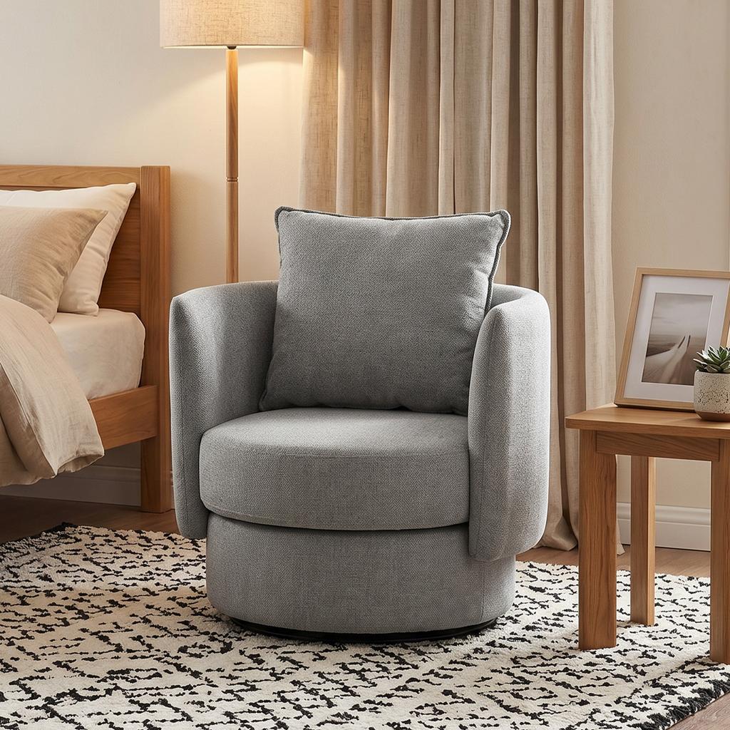 Accent Chair with 360 degrees Swivel Base, Leisure Club Chair in Linen Fabric with Cushion in Light Grey