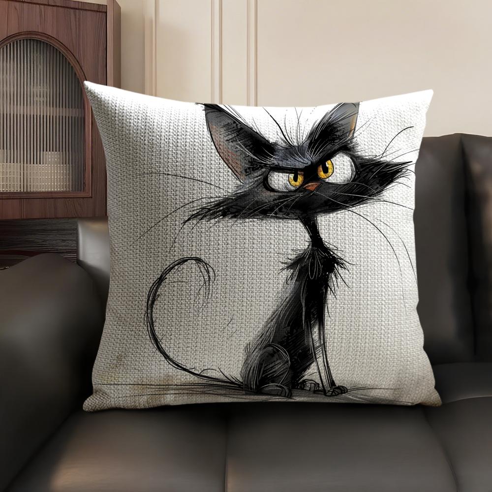 Whimsical Cat Art Cushion Cover Natural Linen Organic Fabric DoubleSided Printing Sofa Home Decor Gift Pillow Case
