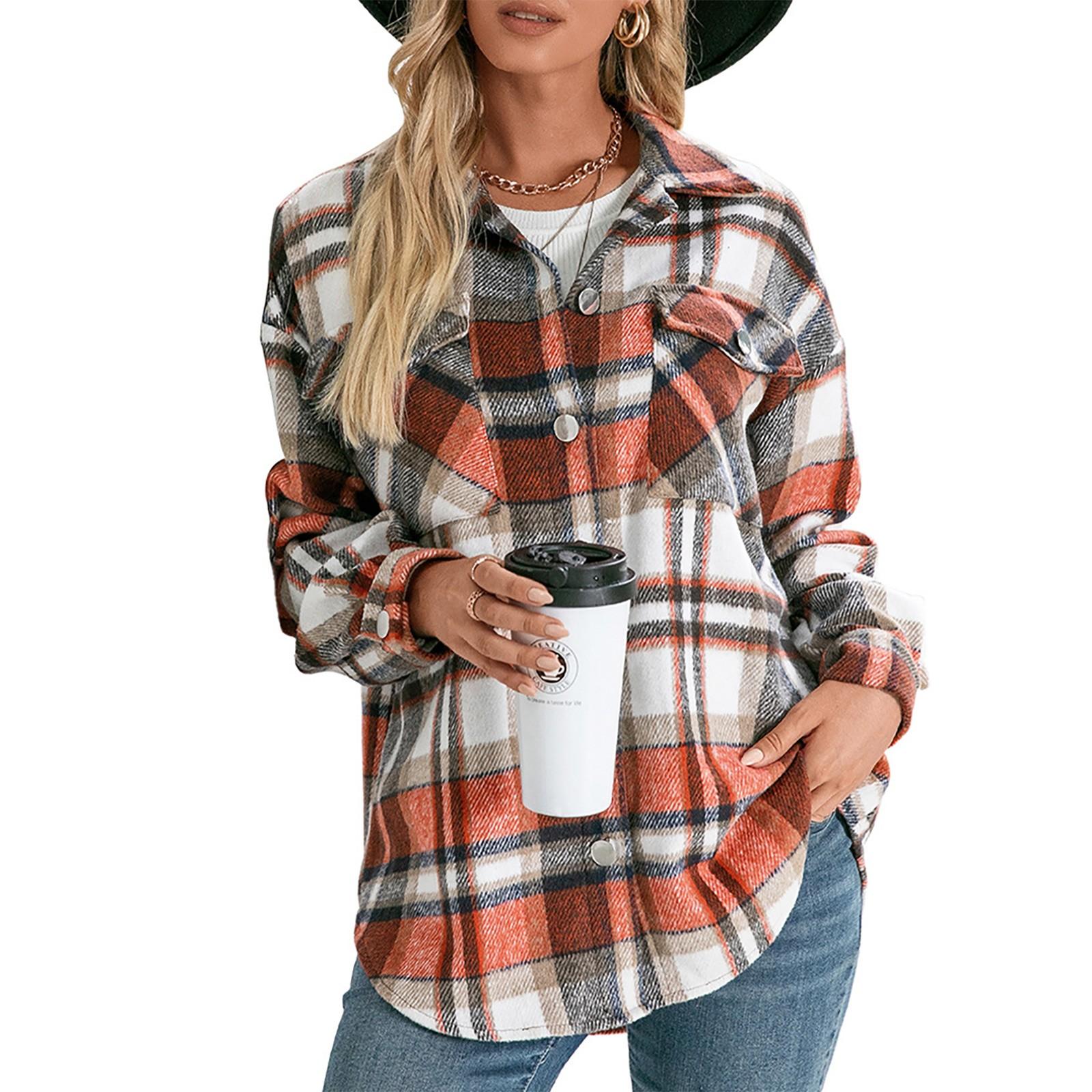 

Женская зимняя повседневная свободная шерстяная рубашка в клетку, плюшевая рубашка в клетку, куртка S оранжевый