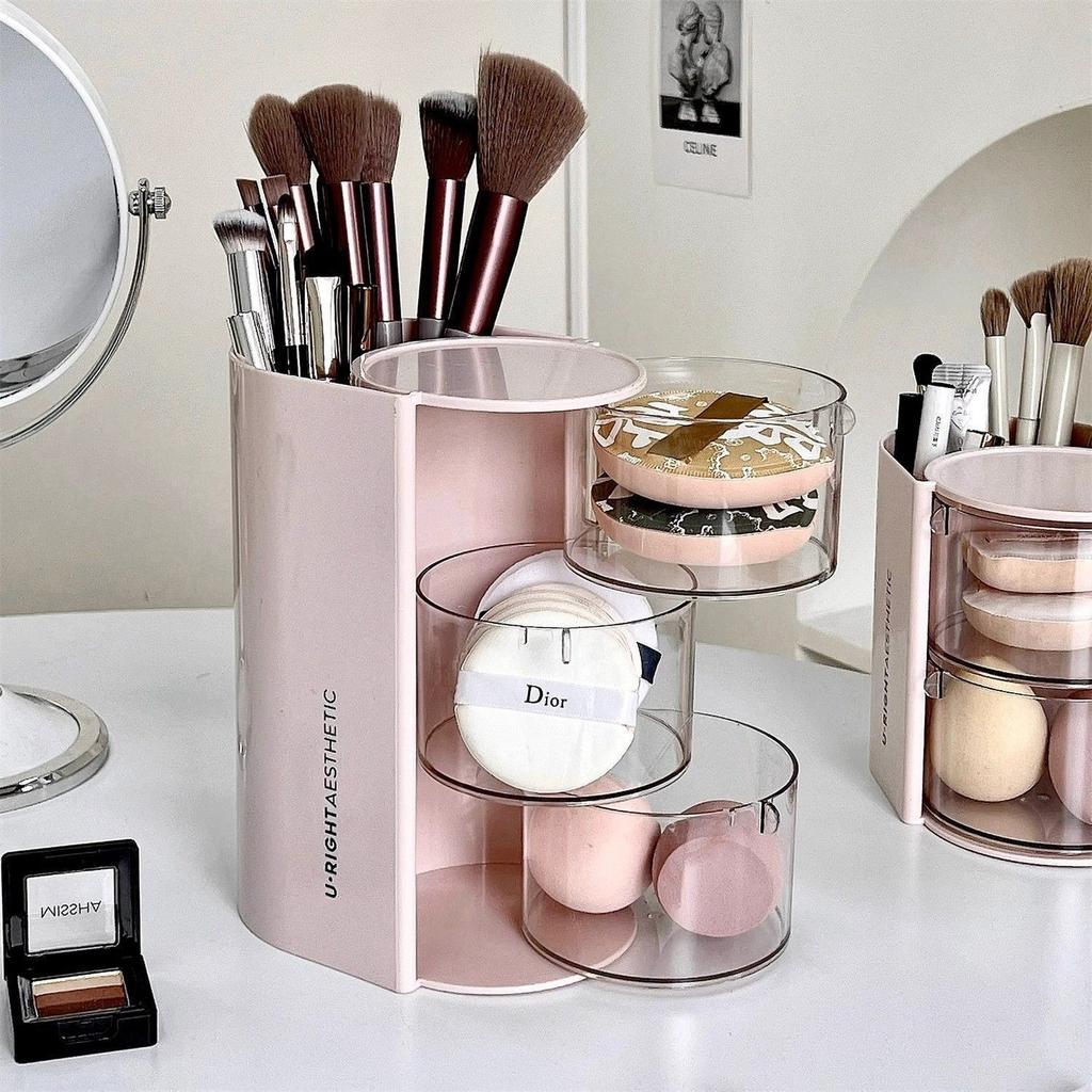 Rotating Dustproof Storage Box for Desk - Vanity Organizer Container for Beauty Sponges, Air Cushions,Lipsticks & Makeup Brushes