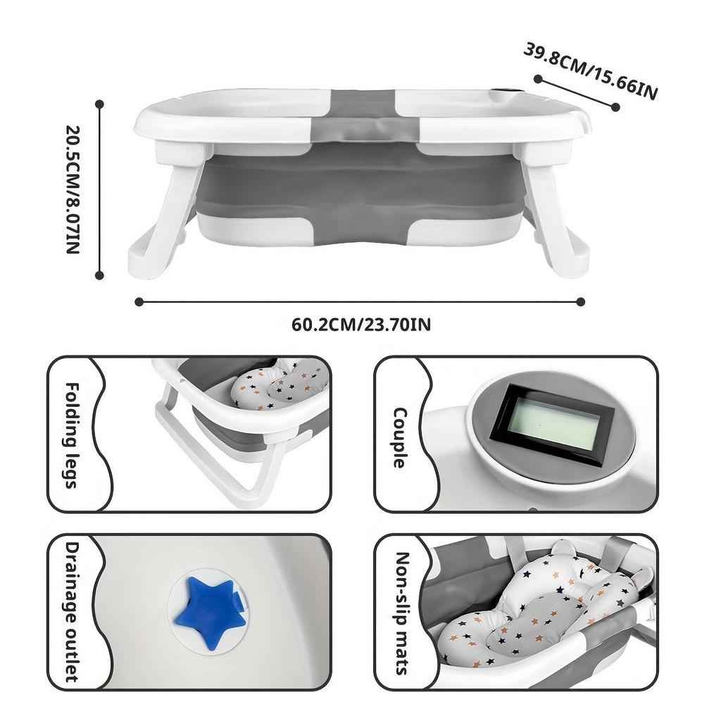 Foldable Baby Bathtub with Thermometer,Portable Travel Newborn Bathtub,with Soft Pad and Thermometer,Drainage Hole,Durable Foldable Youngsters Bathtub