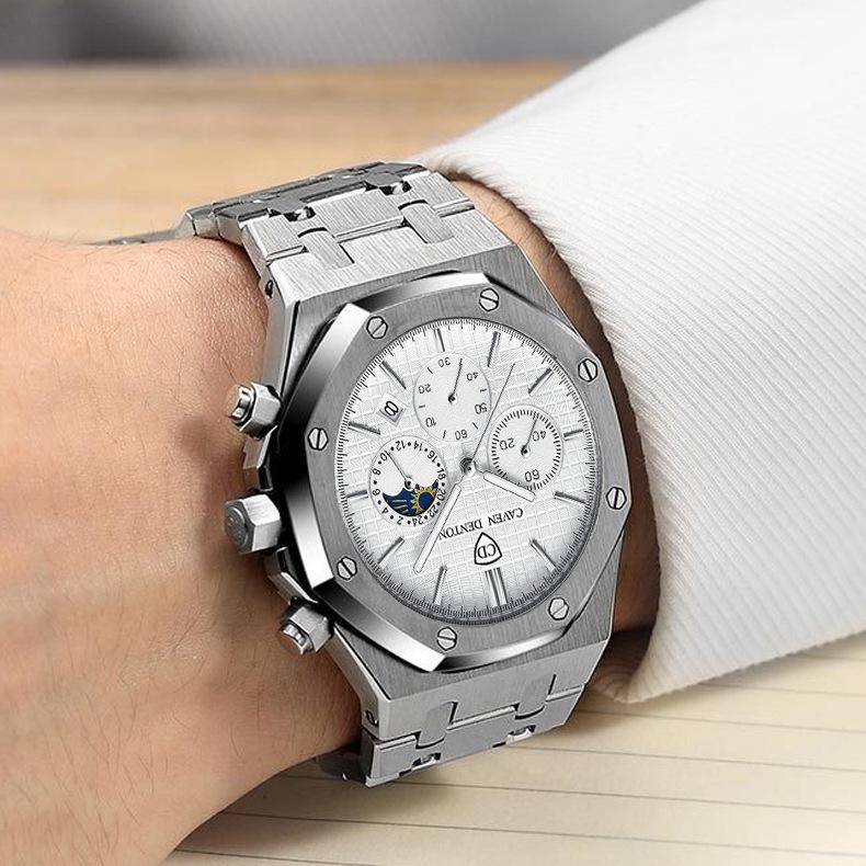 High-End Waterproof Multi-Function Men's Steel Belt Watch with Moon Phase Feature