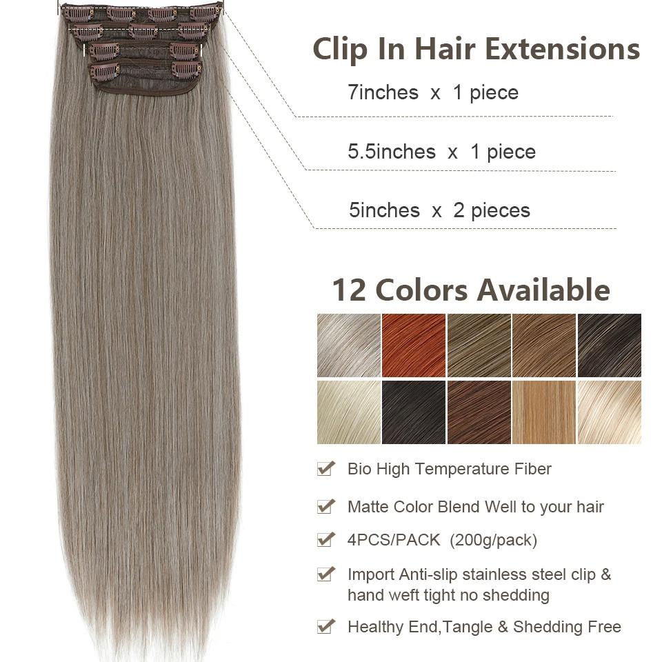 26Inch 4Clips In 200Gram Silky Straight Ombre Brown 12# Colored Highligh Blond P27/613 High Temperature Synthetic Hair Extension