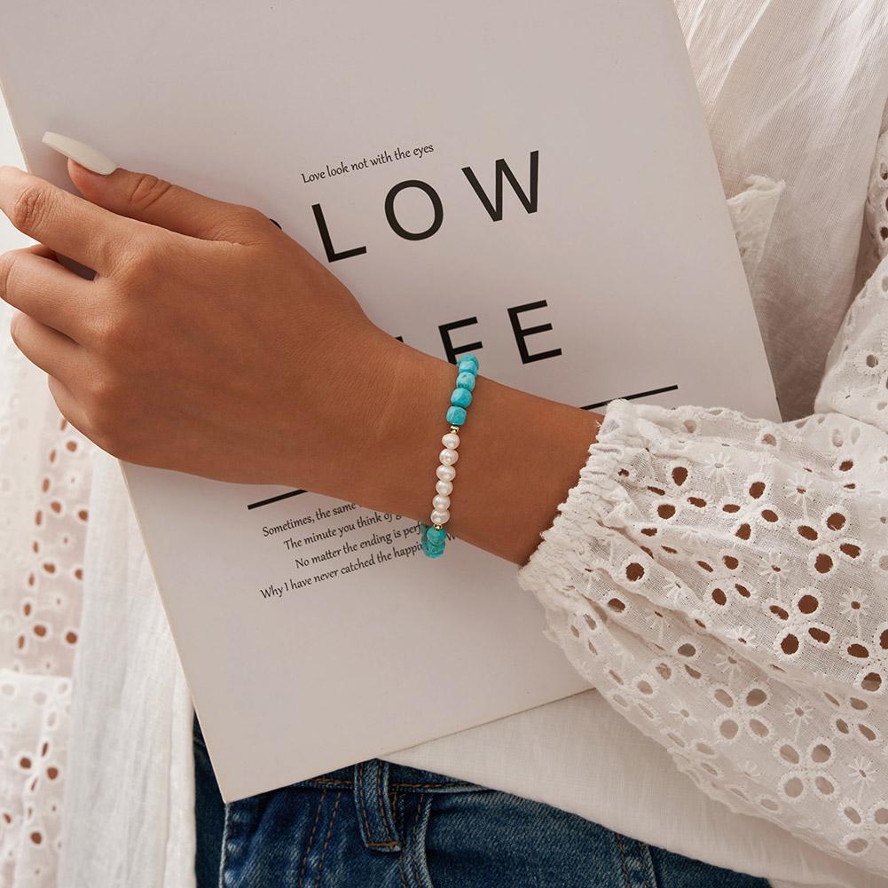 Simple S925 Sterling Silver Bracelet 4.8mm Turquoise Loop Chain Baroque Natural Freshwater Pearl Bracelet for Girls
