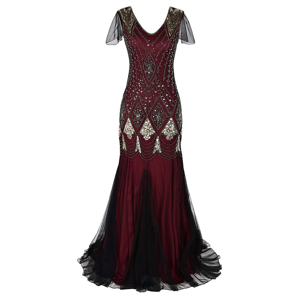 Women Vintage 1920s Bead Fringe Sequin Lace Party Flapper Cocktail Prom Dress