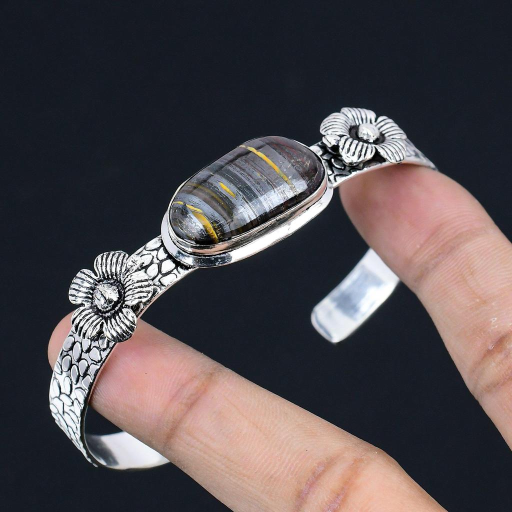 Halloween Sale 925 Sterling Silver Natural Iron Tiger Eye Flower Ethnic Bangle