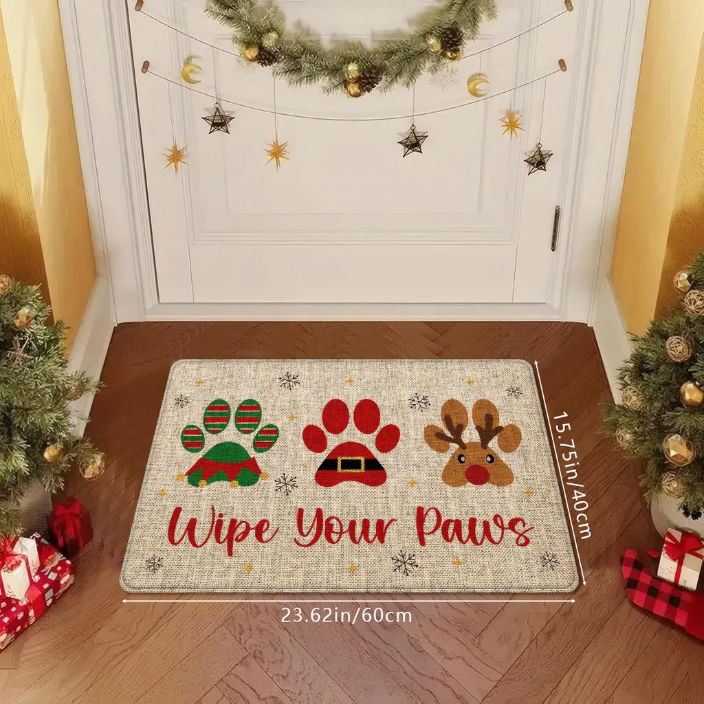 Paw Print Reindeer Christmas Doormat Non-Slip Washable Entrance Rug Indoor Outdoor Winter Home Decor Mat